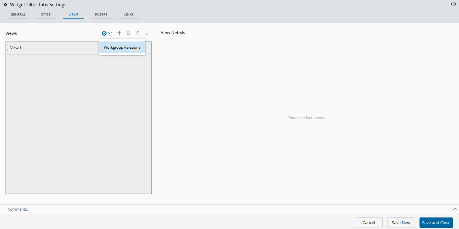 Screenshot showing the Workgroup Relations option in the Filter Tabs wizard.