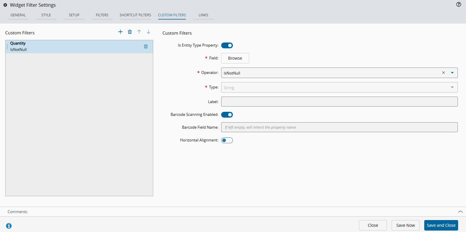 Screenshot showing the Custom Filters tab with the "Is Entity Type Property" toggle button enabled.