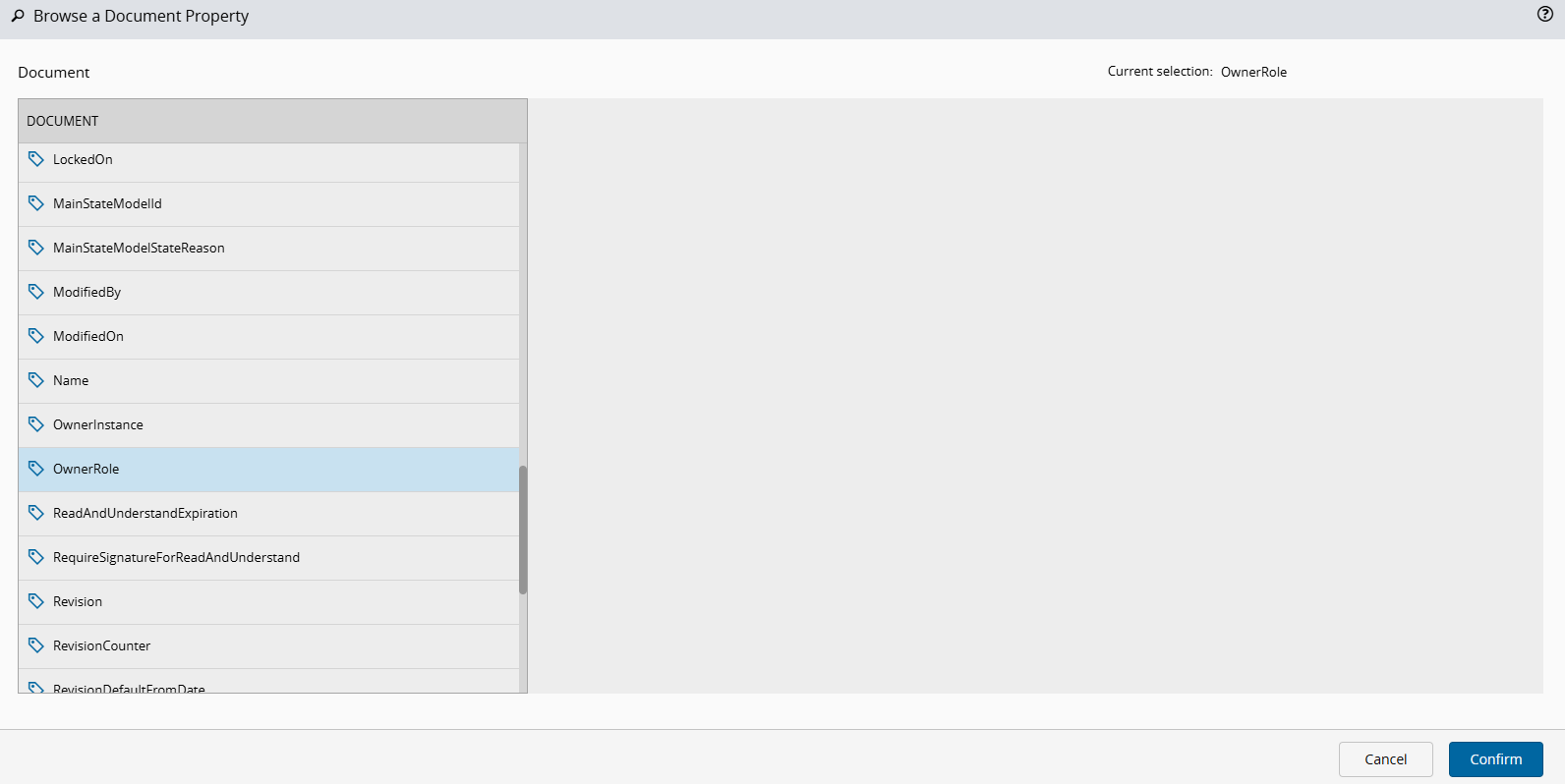 Screenshot showing the available properties for Custom Filters when you press "Browse", if "Is Entity Type Property" is enabled.
