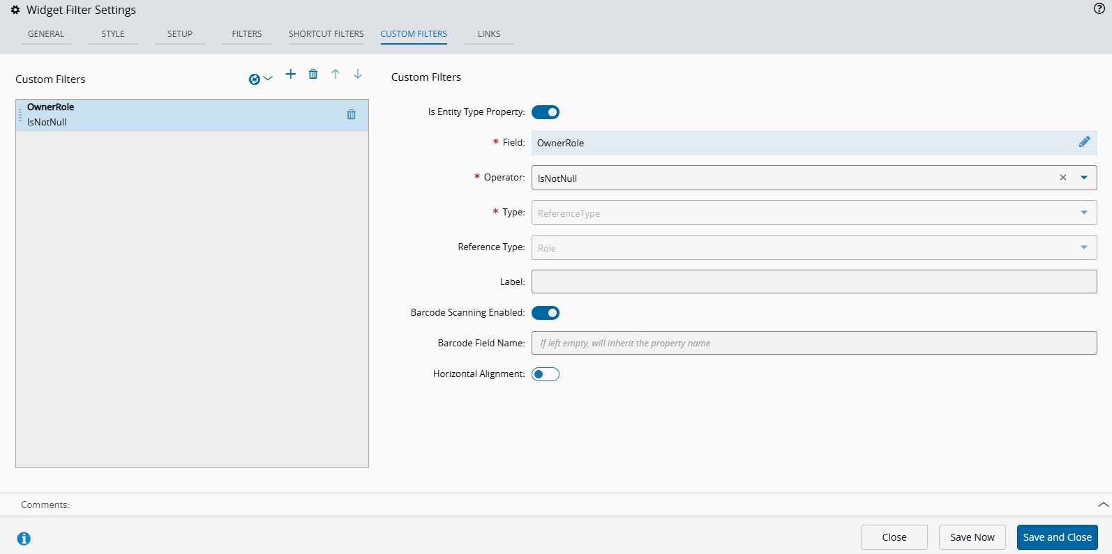 Screenshot showing fields populated in the Custom Filters tab, and other available options.