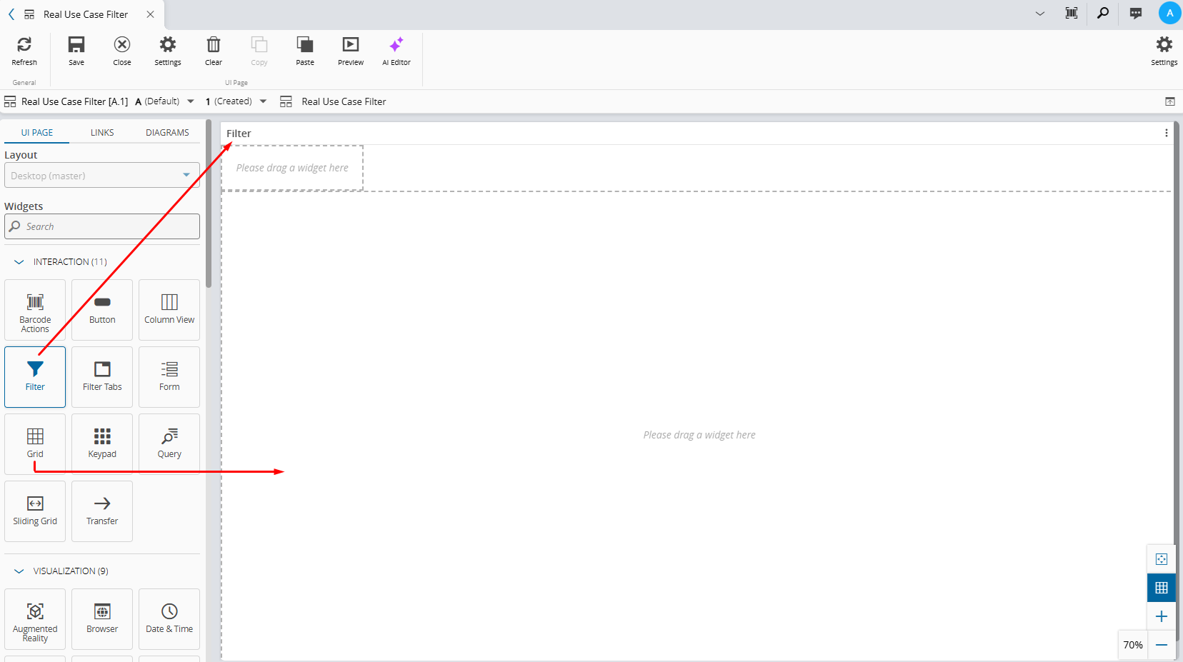 Screenshot showing a Filter widget linked to an inner Grid widget on a UI Page.