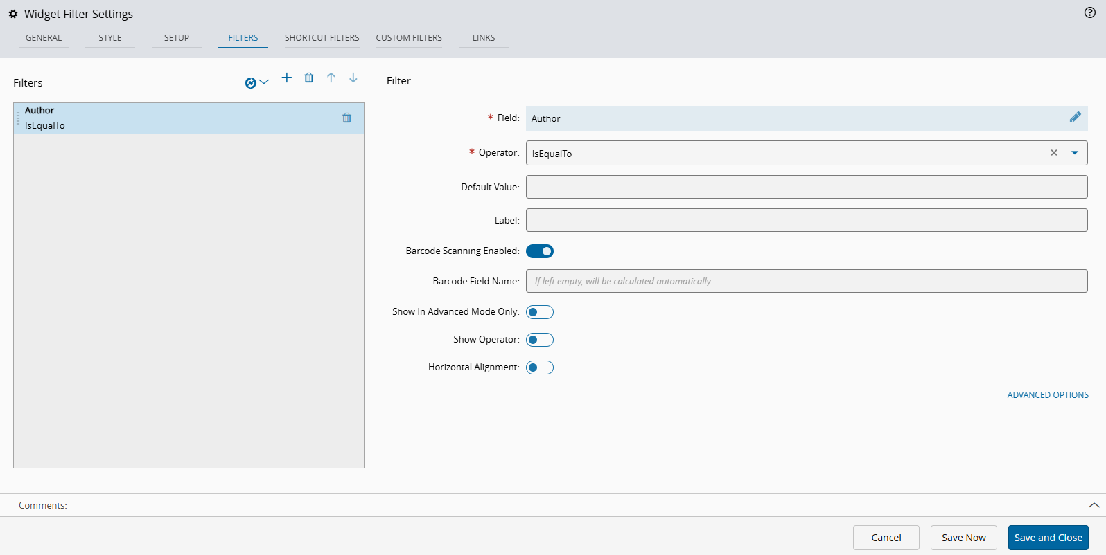 Screenshot showing the Filters tab in the Widget Filter Settings wizard, where you can configure a list of filters.
