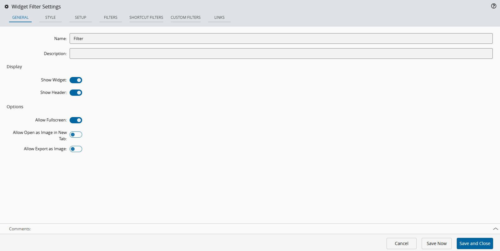 Screenshot showing the General tab of the Widget Filter Settings wizard.
