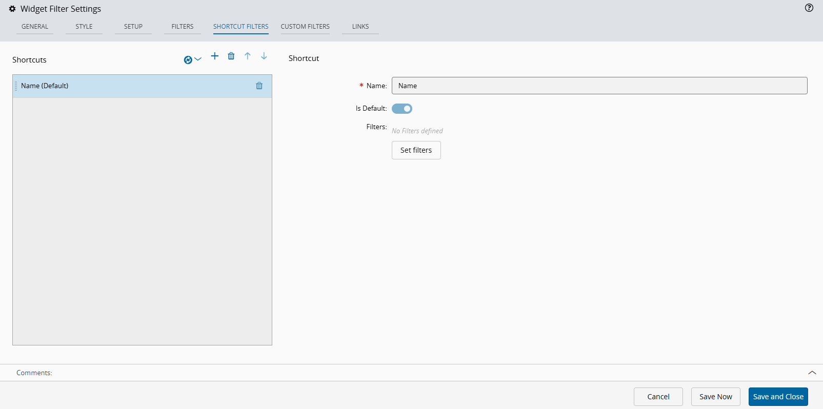 Screenshot showing the Shortcut Filters tab in the Widget Filter Settings wizard, where shortcuts can be defined.