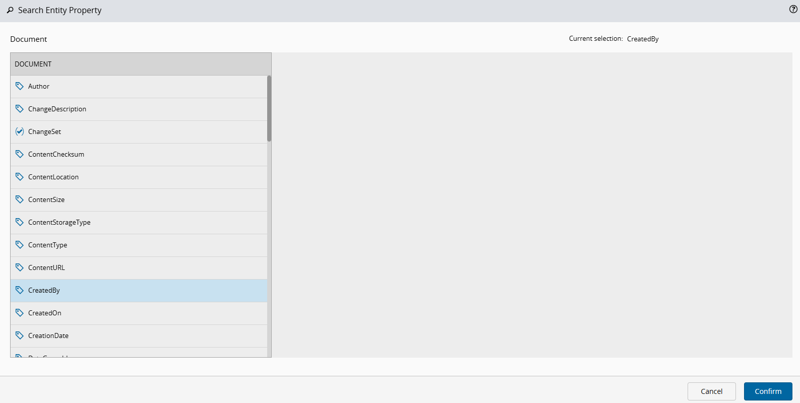 Screenshot showing the Search Entity Property wizard.