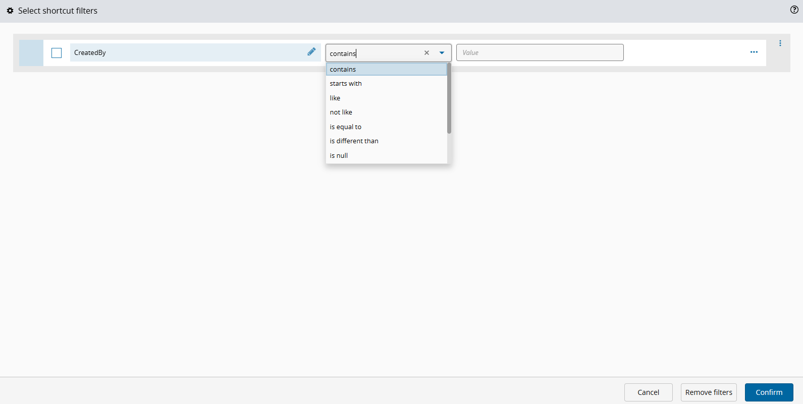 Screenshot showing the Select shortcut filters wizard with the available options.