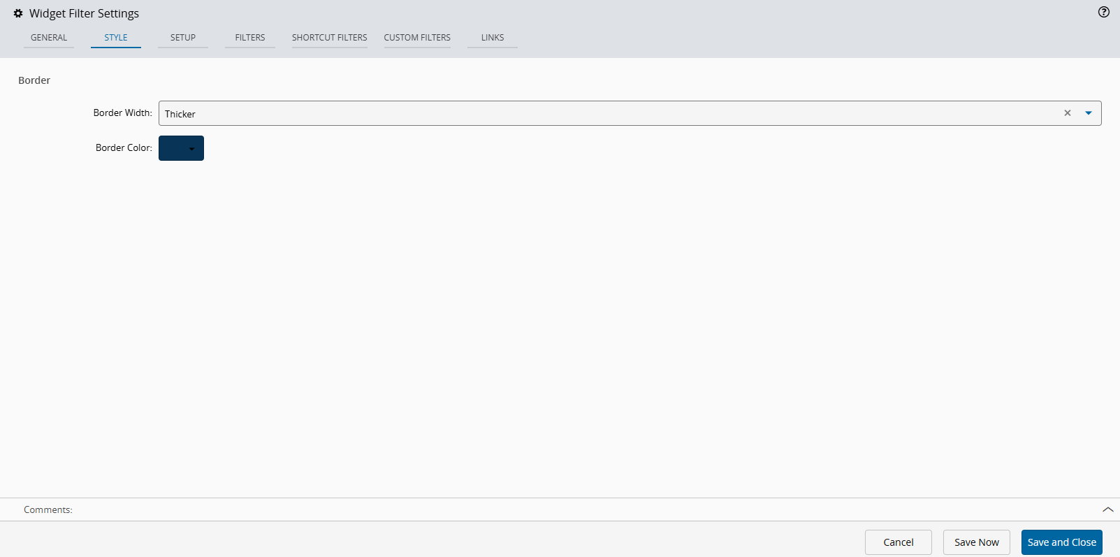 Screenshot showing the Style tab in the Widget Filter Settings wizard, where you can customize the border width and color.