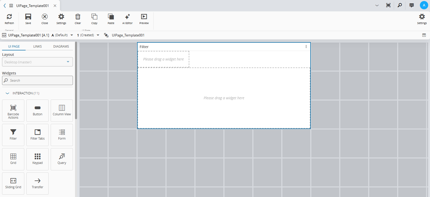 Screenshot showing the Filter widget in an empty builder panel of the UI Page.