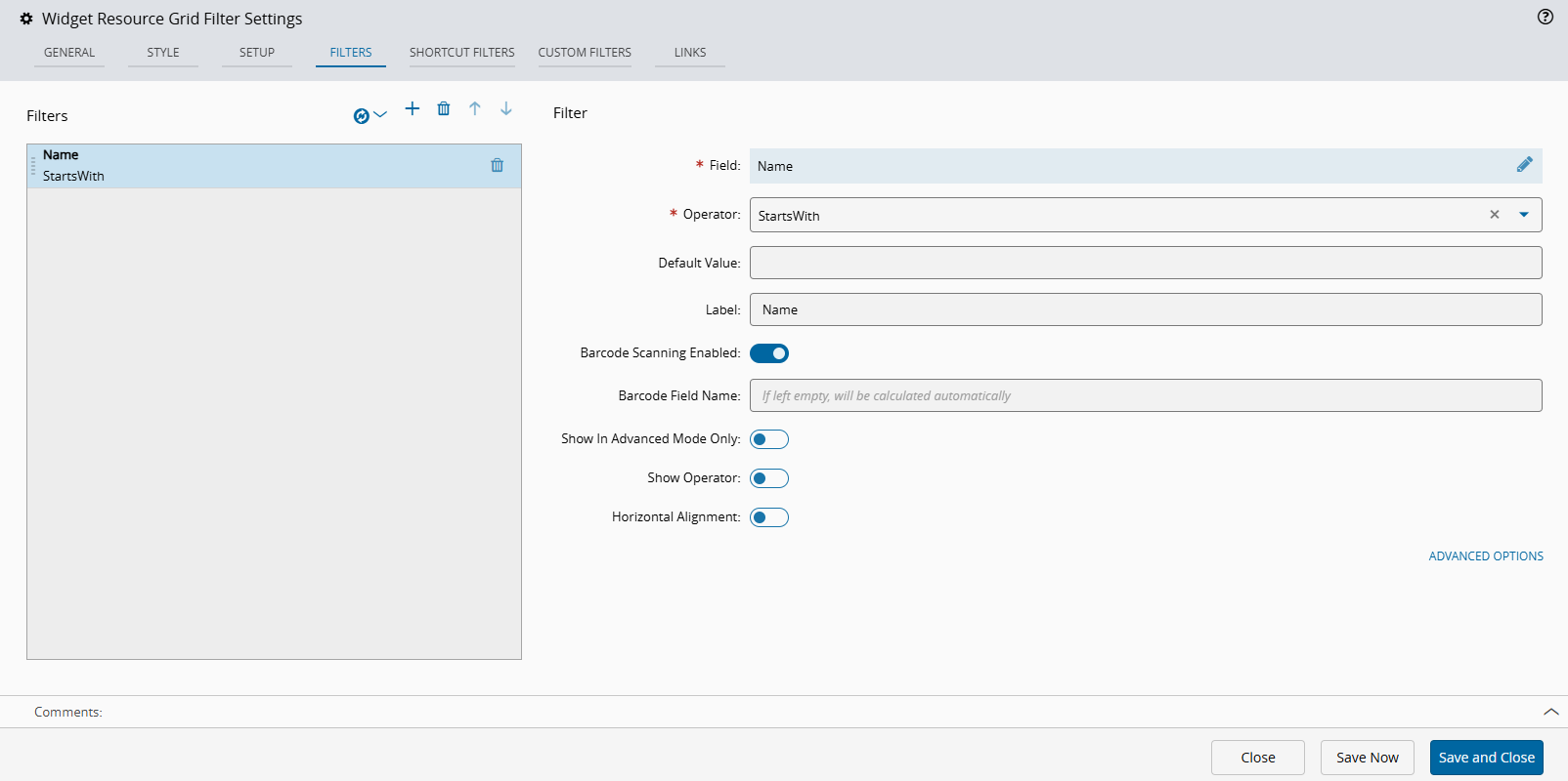 Screenshot showing the Filter tab automatically populated from the selected template.