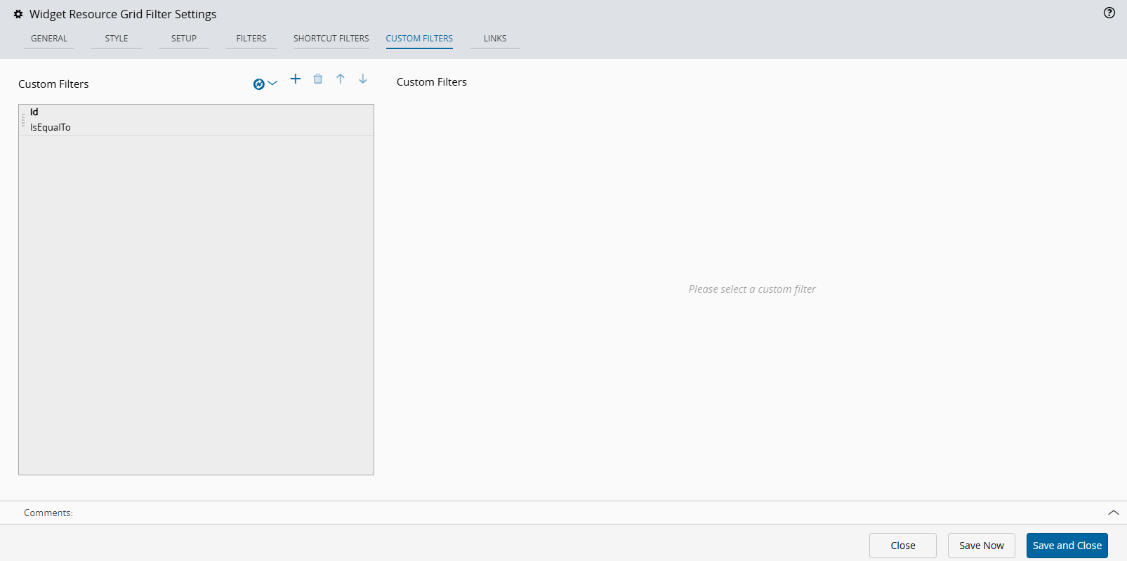 Screenshot showing the Custom Filter tab automatically populated from the selected template.