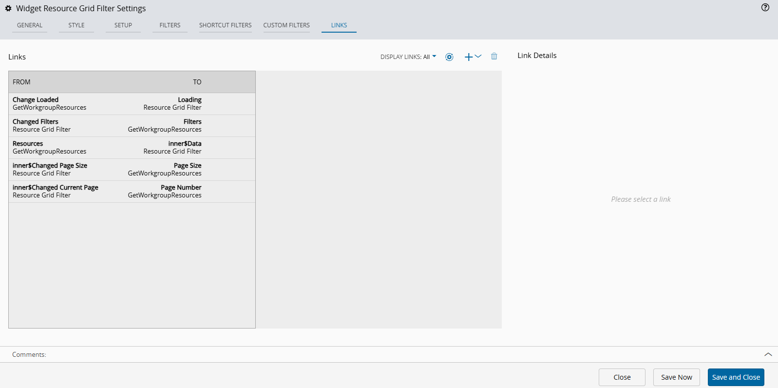 Screenshot showing the Links tab automatically populated from the selected template.