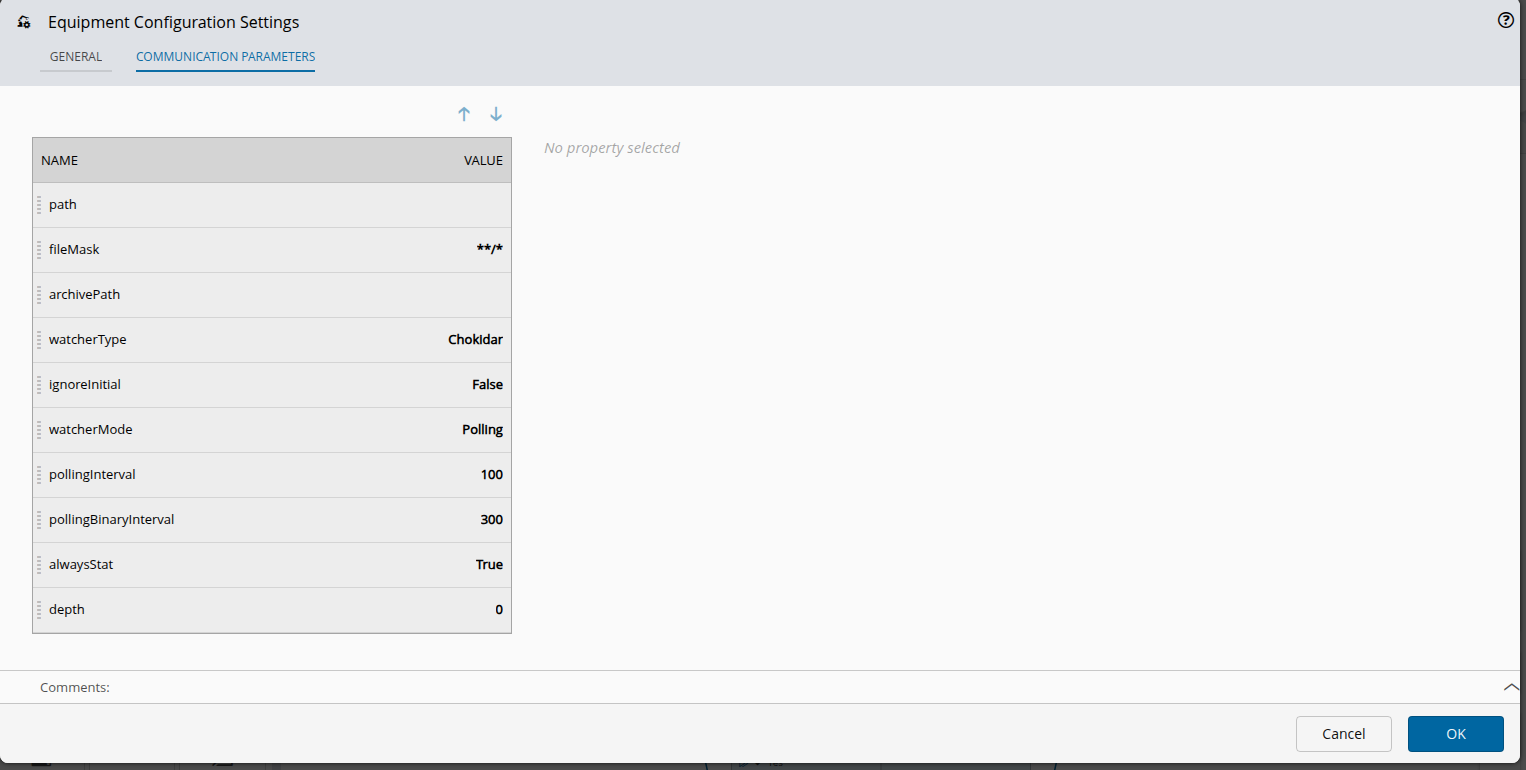 Communication Parameters tab of the Equipment Configuration task settings with the protocol parameters