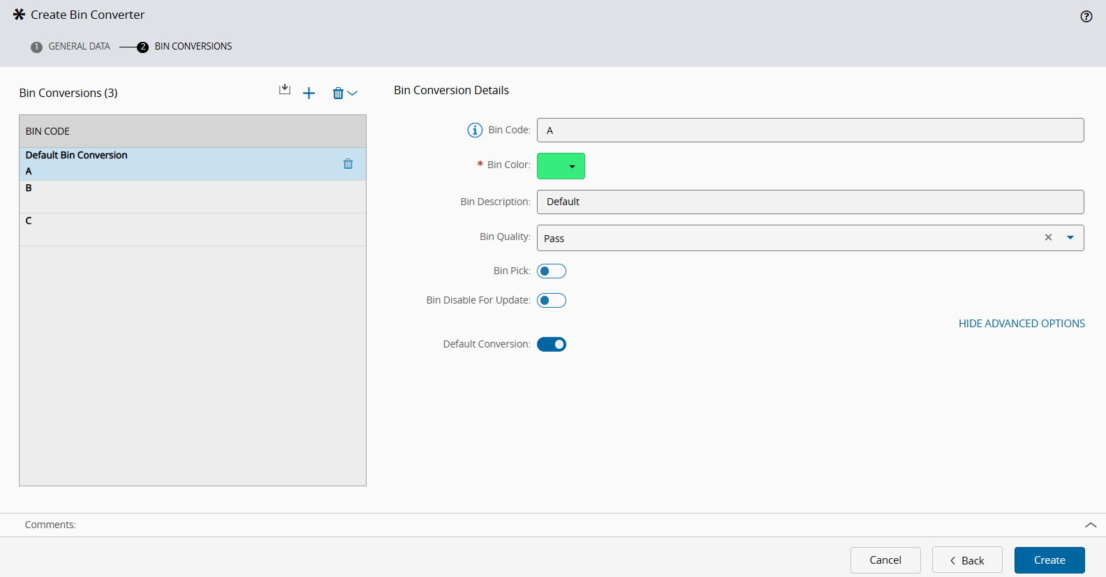 Screenshot showing a Bin Converter configuration with options for Bin Conversions and color settings.