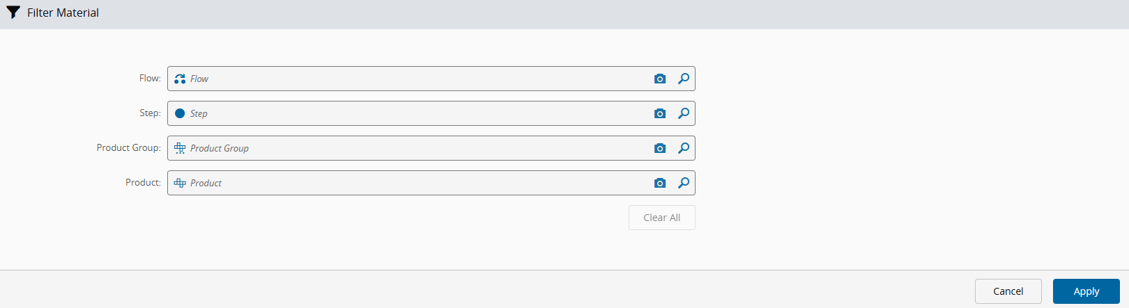Screenshot showing a UI with options for filtering materials by Flow, Step, Product Group, and Product.