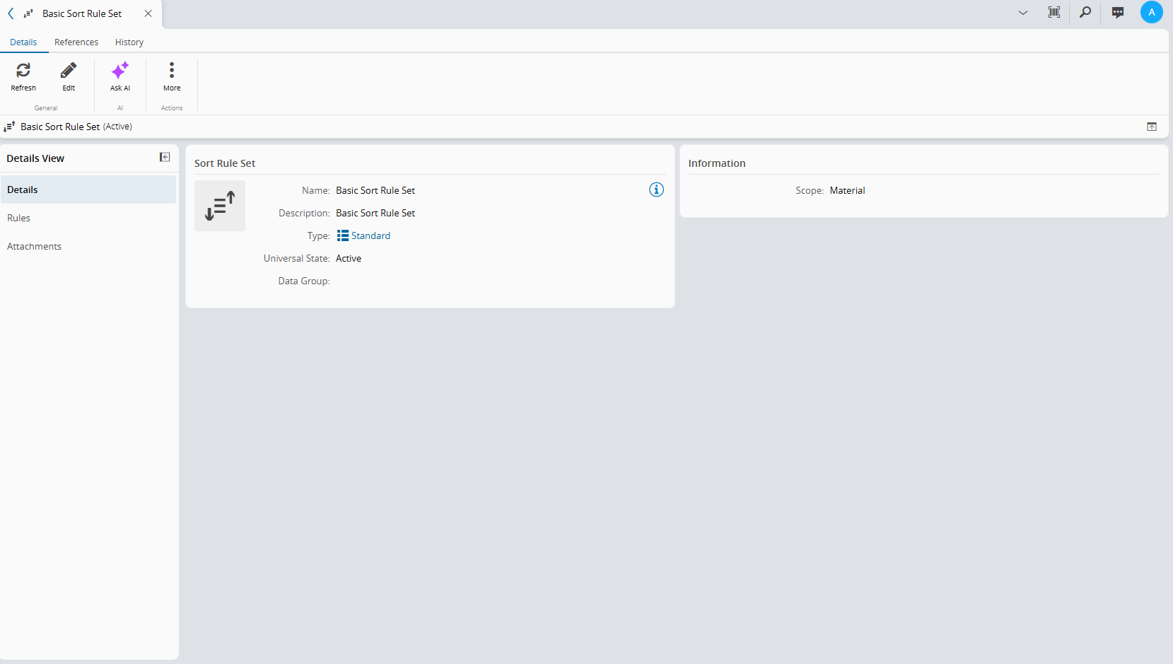 Main view of the Sort Rule Set page