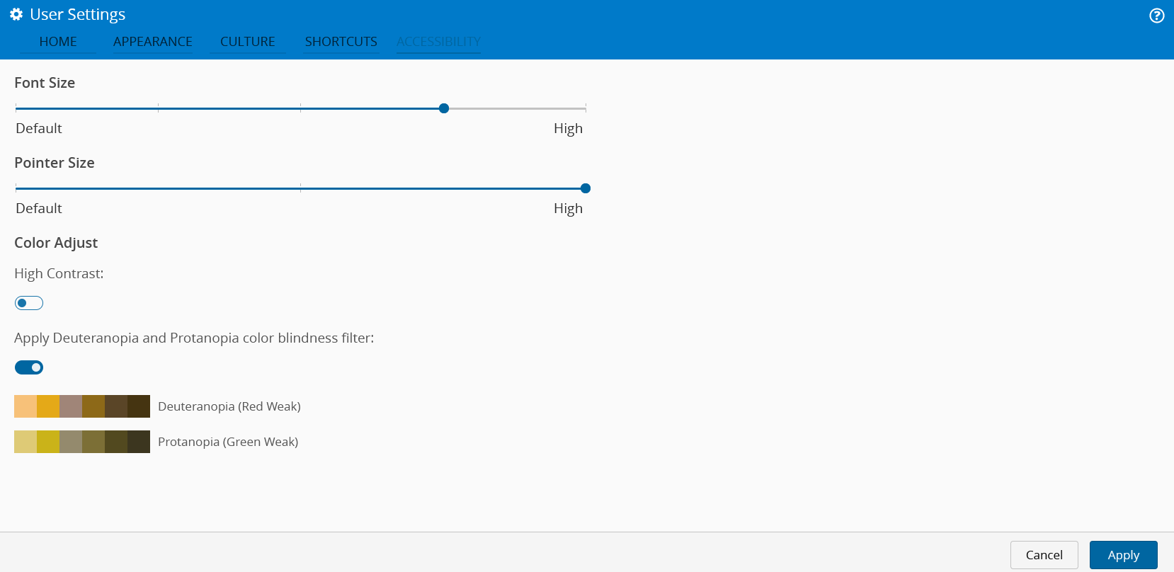 Screenshot showing a color adjustment interface with an option for enabling high contrast mode.