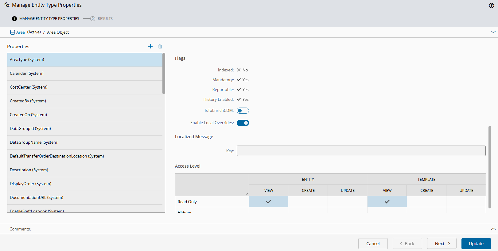 Screenshot showing the Manage Entity Type Properties with the "Enable Local Overrides" option enabled.