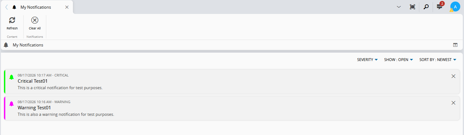 Screenshot showing a notification filter settings page with options to sort by newest, oldest, highest, and lowest severity.