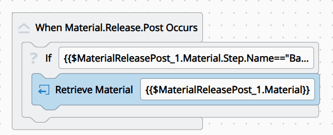 Screenshot showing a business workflow task for retrieving materials, labeled "MaterialReleasePost1".