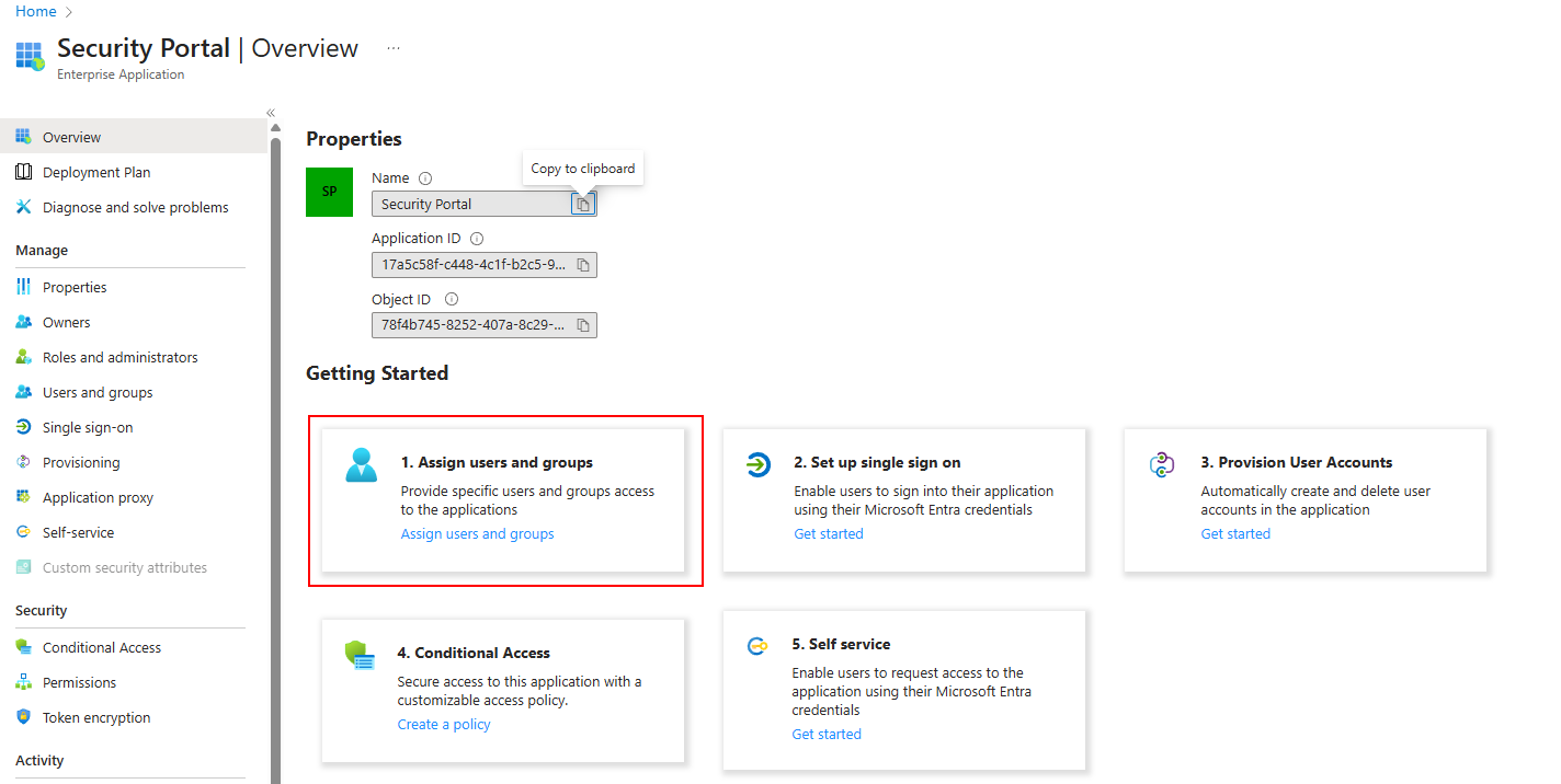 Security Portal enterprise application overview page in Microsoft Entra ID, with the Assign users and groups tile highlighted.