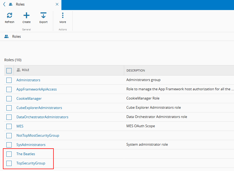 MES Roles page showing provisioned roles from Microsoft Entra ID.