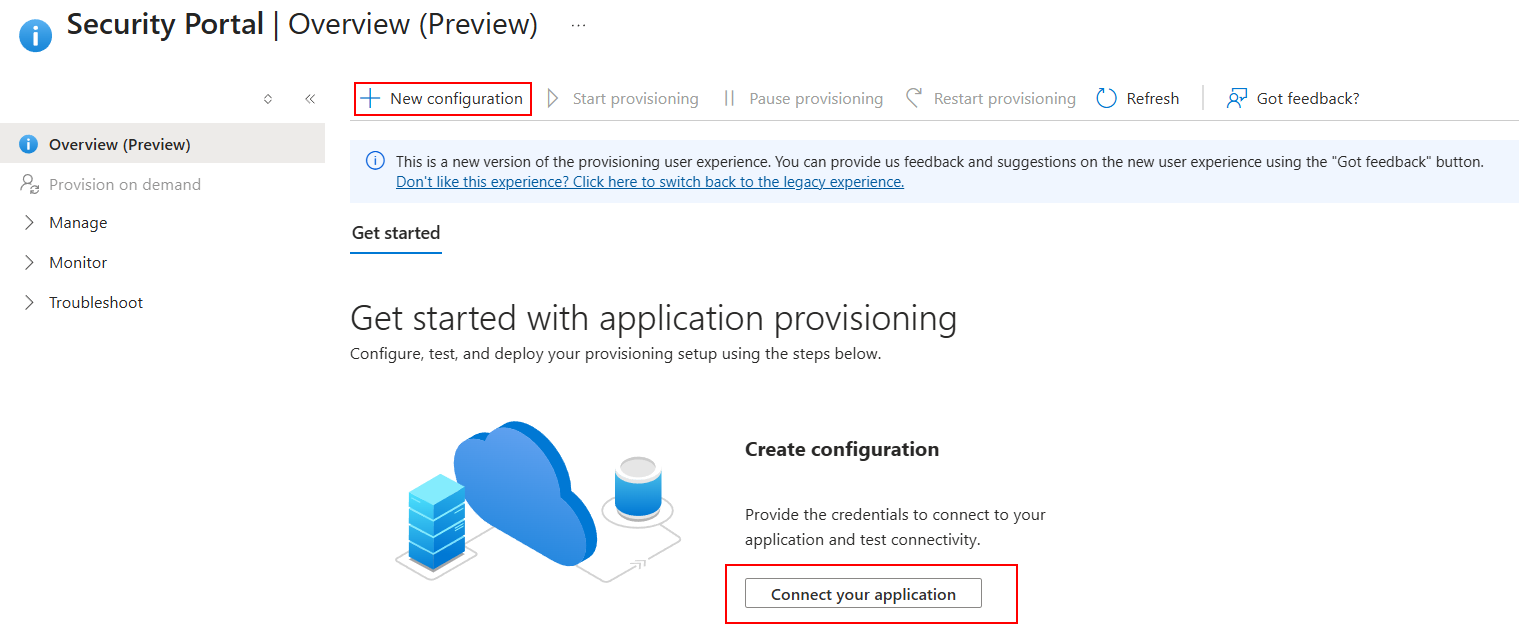 Provisioning overview page with New configuration and Connect your application highlighted.