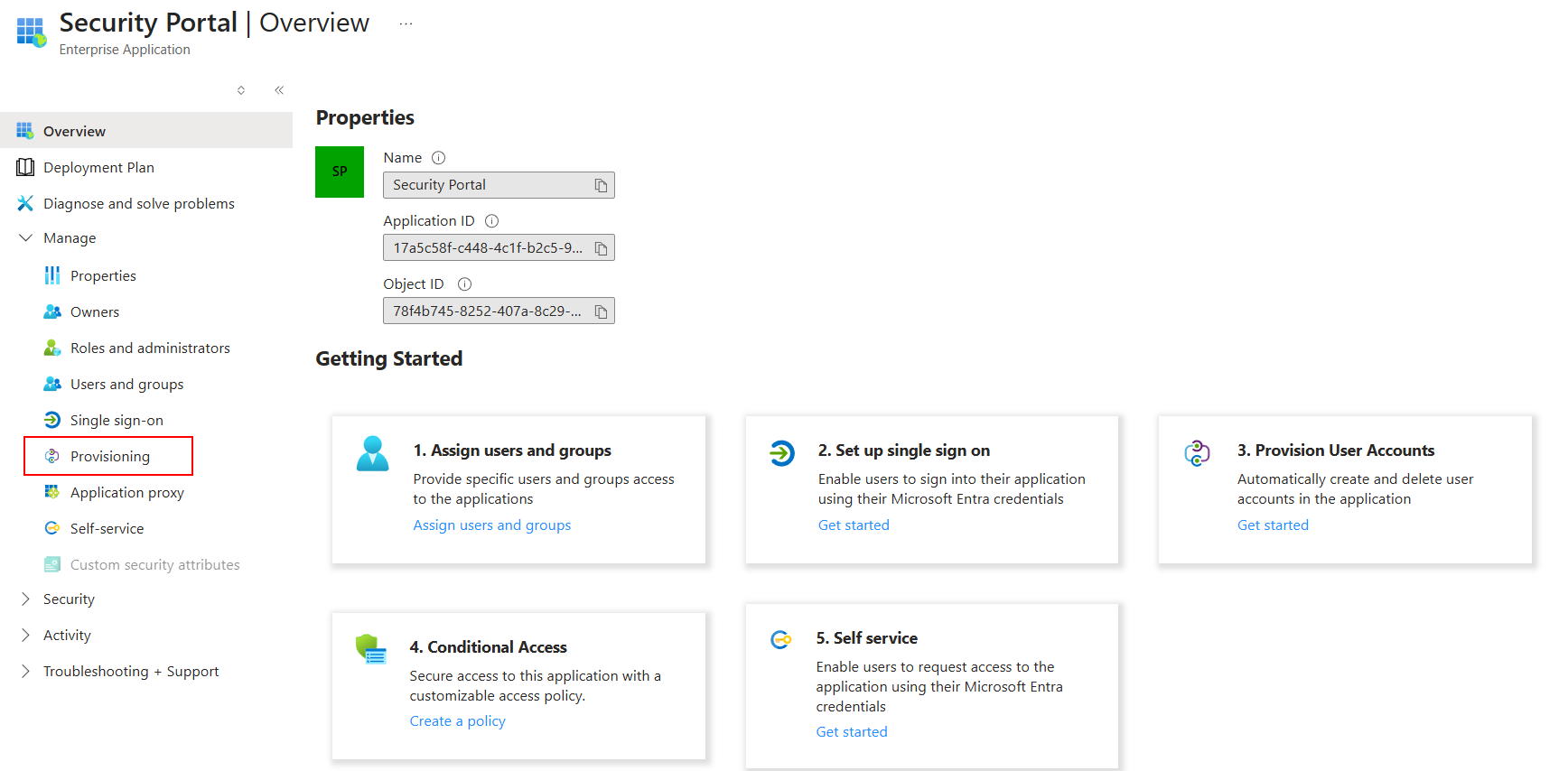 Security Portal enterprise application overview page with Provisioning selected in the navigation menu.