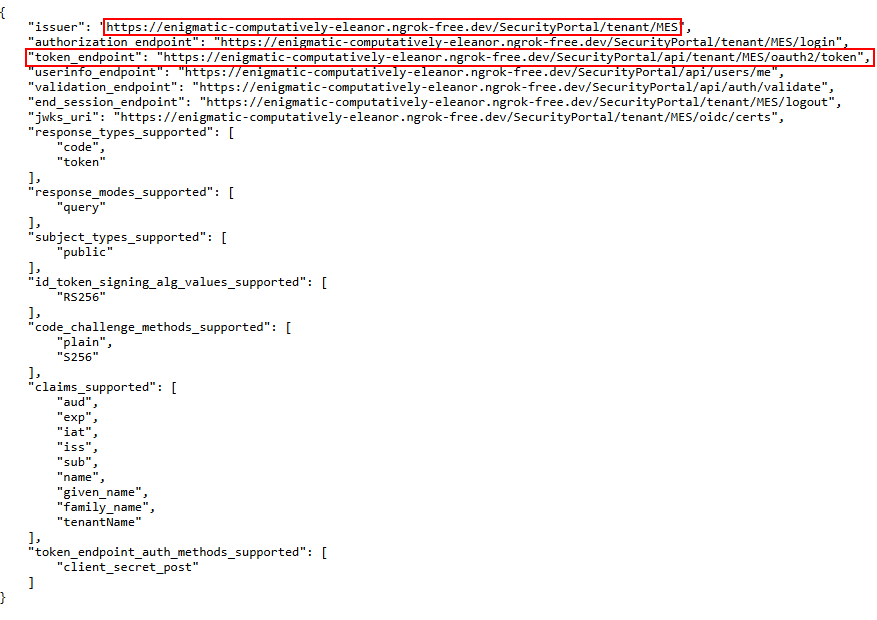 OpenID configuration JSON with the issuer and token_endpoint values highlighted.