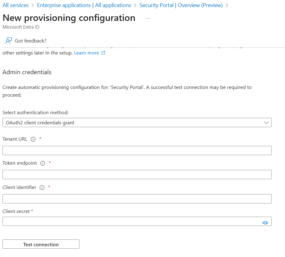 New provisioning configuration page showing OAuth2 client credentials grant fields for Tenant URL, Token endpoint, Client identifier, and Client secret.