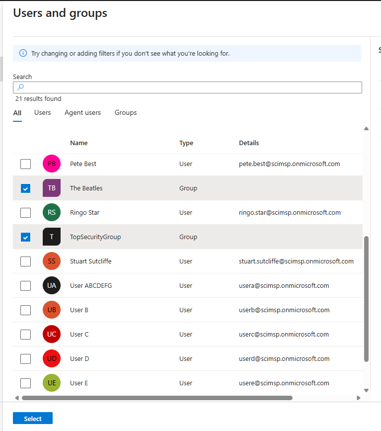 Users and groups selection dialog with two groups selected.