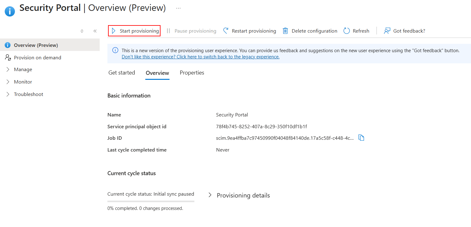 Provisioning overview page with Start provisioning highlighted.