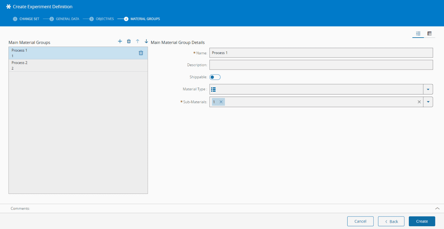 Experiment Definition creation Material Groups wizard step