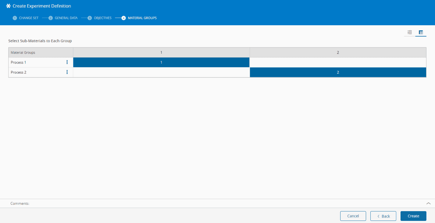 Material Groups matrix definition view