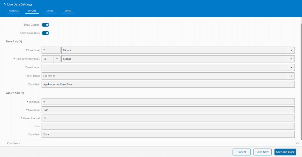 Live Data Widget Layout Settings