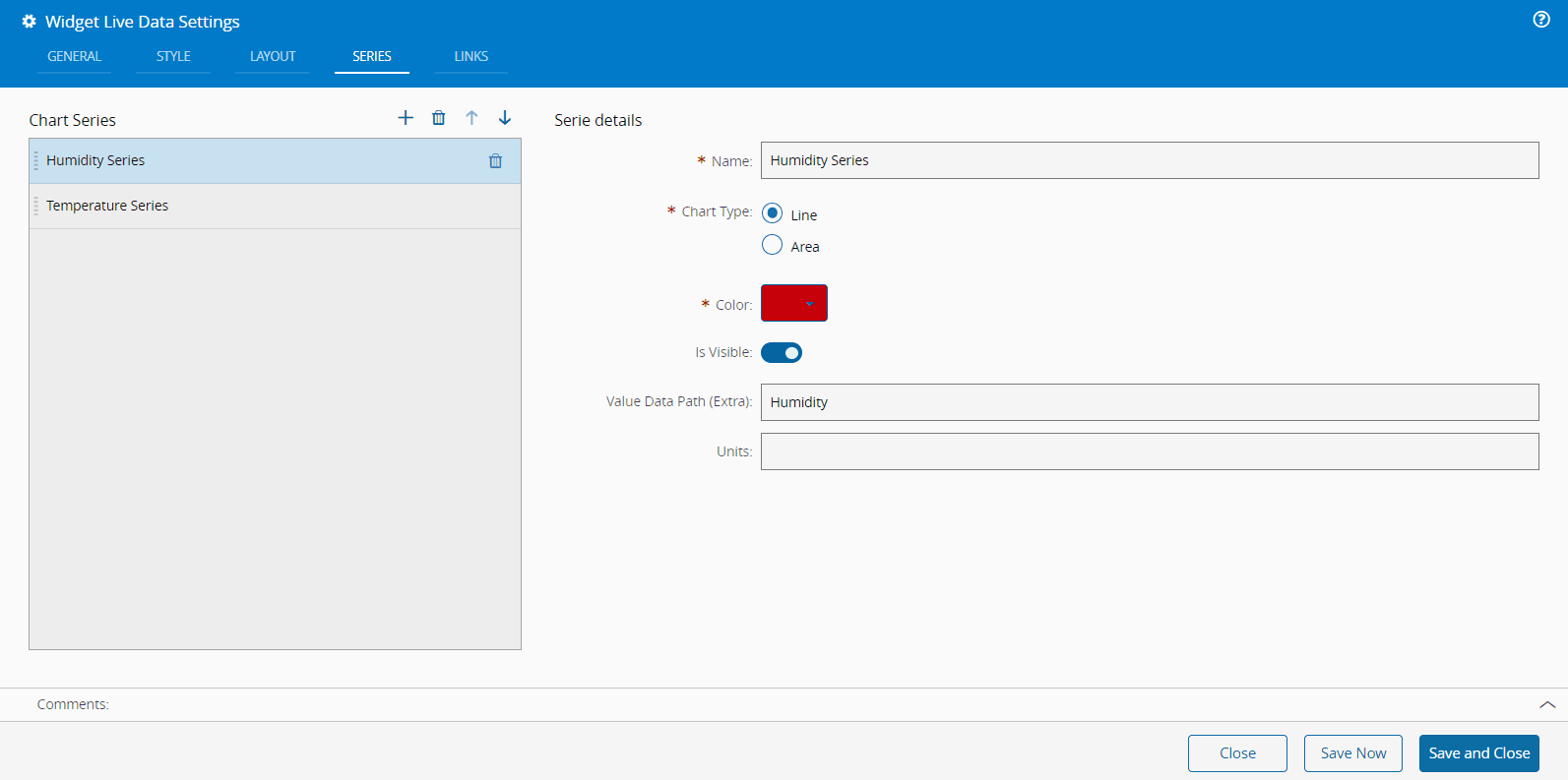 Live Data Widget Humidity Series Settings