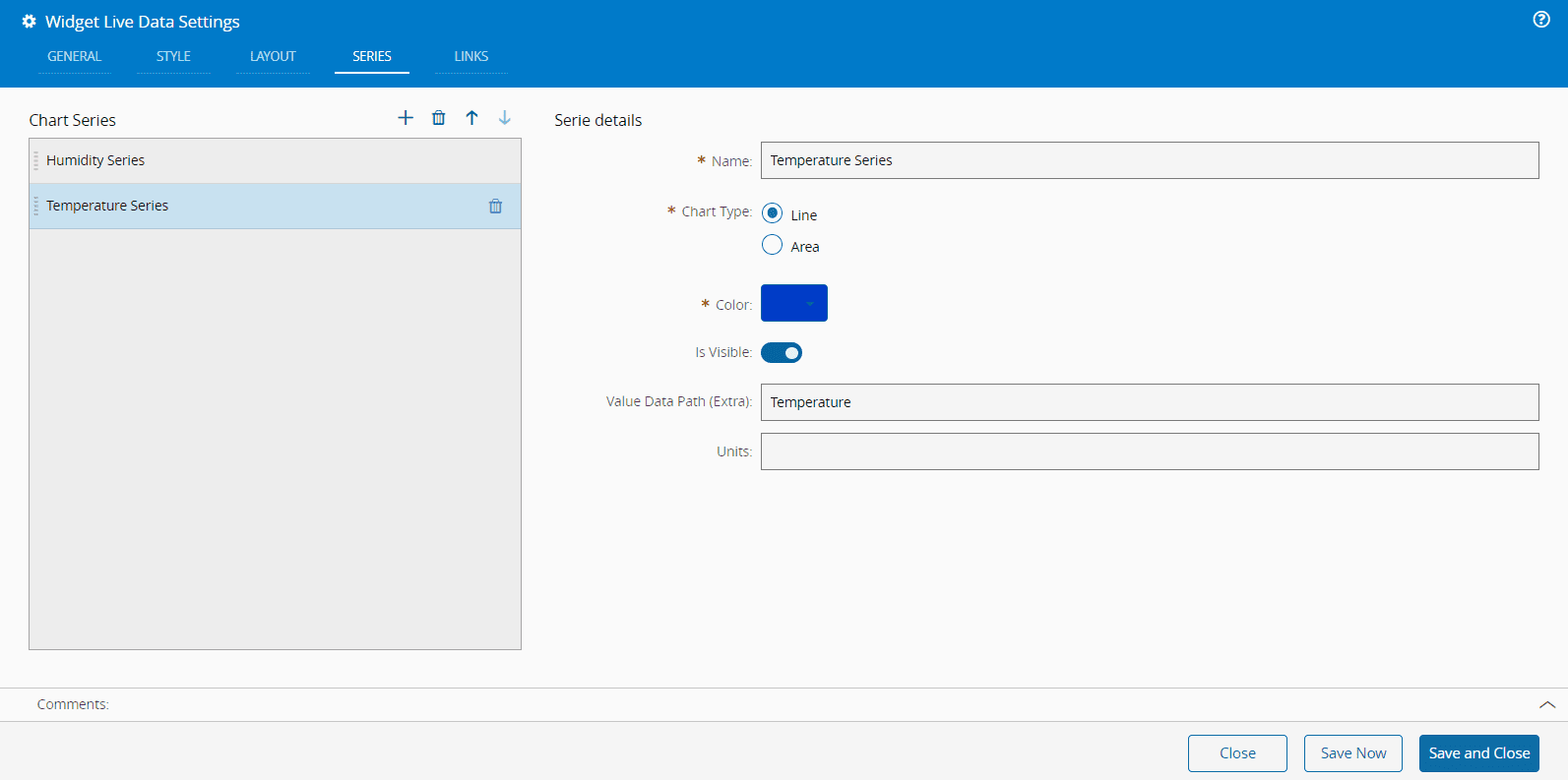 Live Data Widget Temperature Series Settings