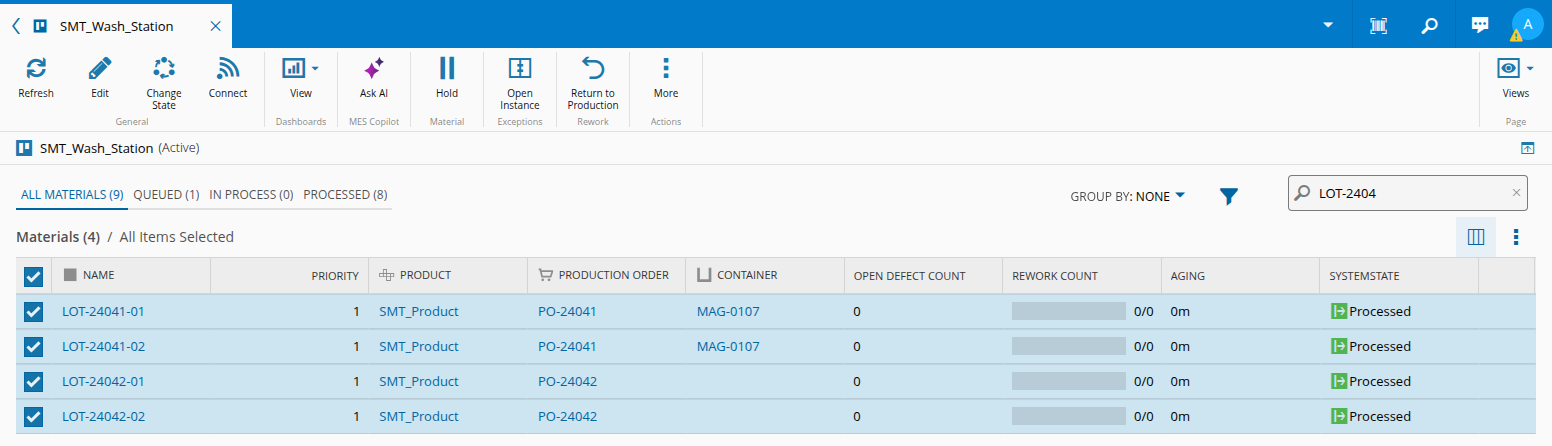 Rework View with the Return to Production action
