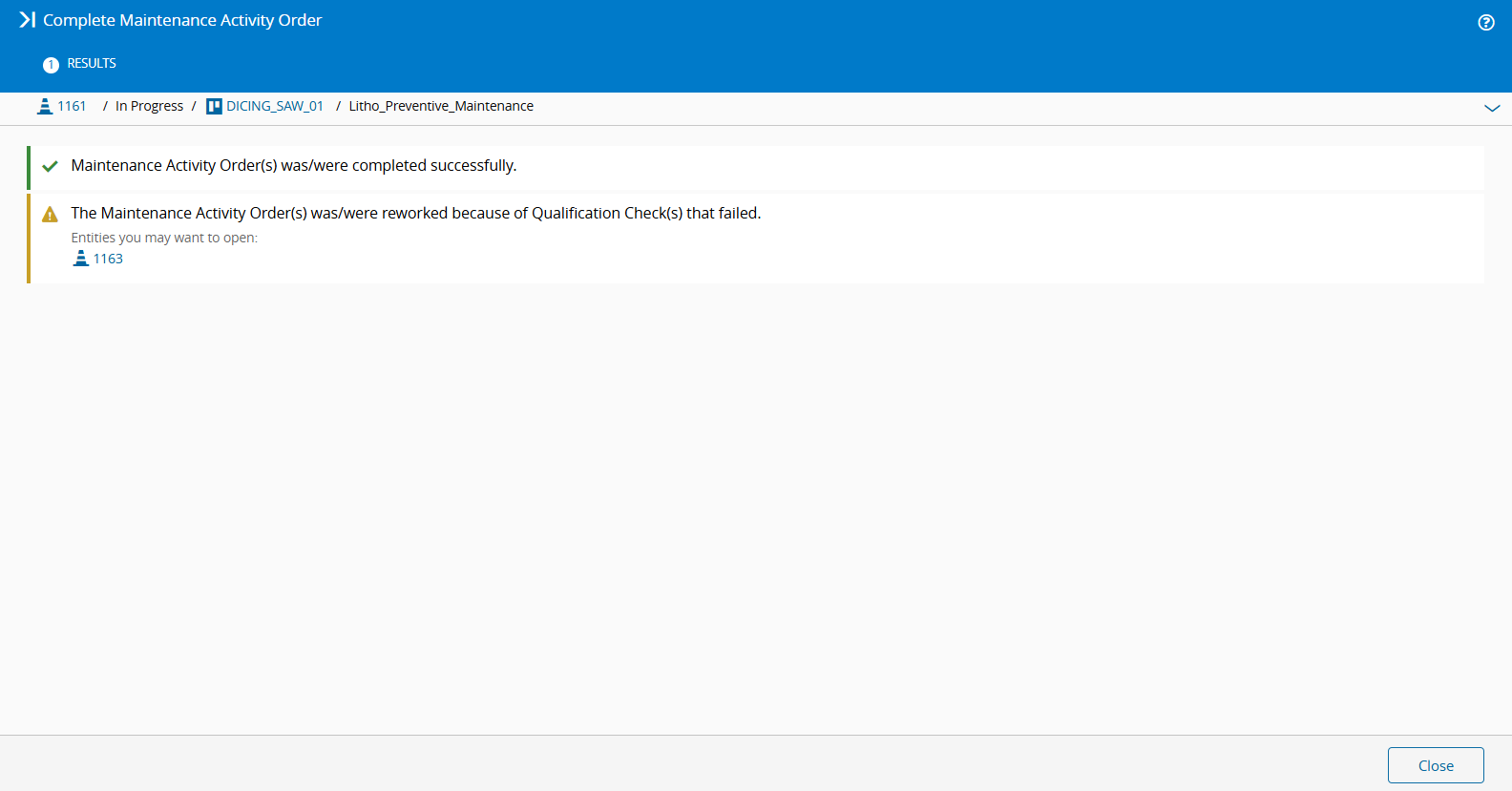Screenshot showing how that after completing a maintenance activity order with failed results, the system creates a copy of the MAO
