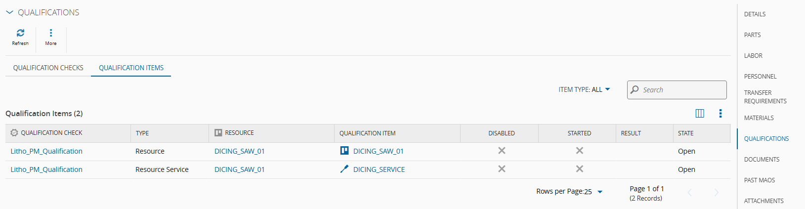 Screenshot showing the qualification items of the MAO when the restriction type is set to require specific