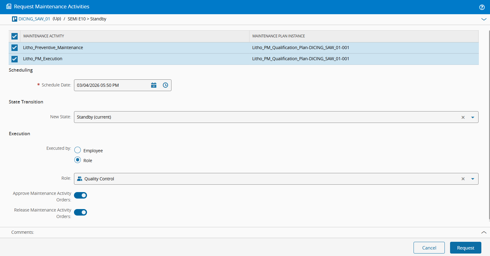 Screenshot showing request maintenance activities