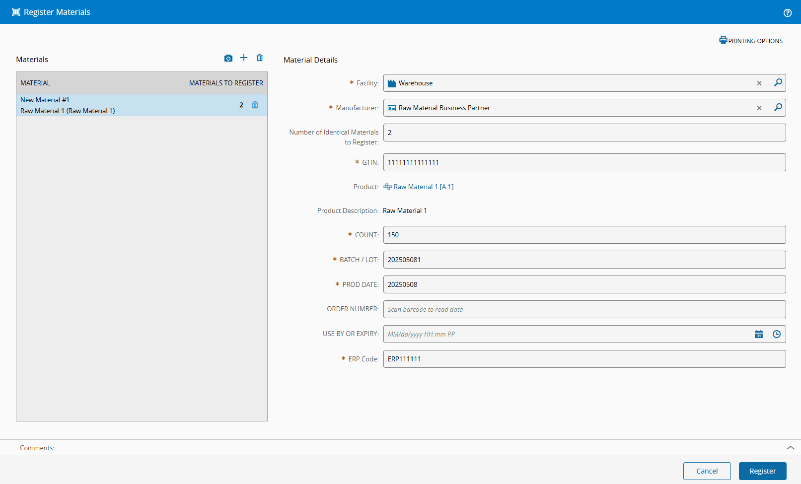 Register Material Raw Material 1