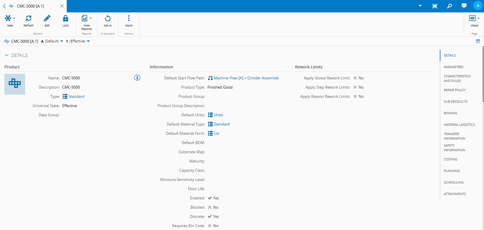 Screenshot showing product details, including type and default units.