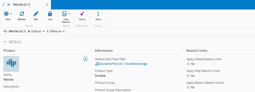 Screenshot showing durable product definitions in the product configuration.