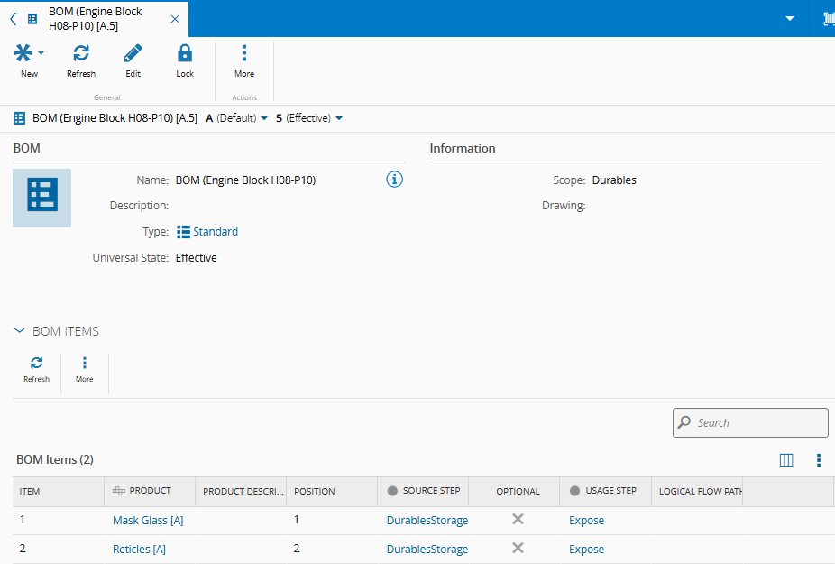 Screenshot showing a BOM of scope Durables with the required product, position, and step.