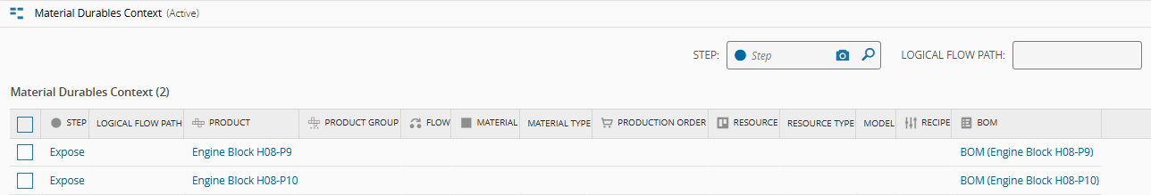Screenshot showing the MaterialDurablesContext smart table populated for the tutorial scenario.