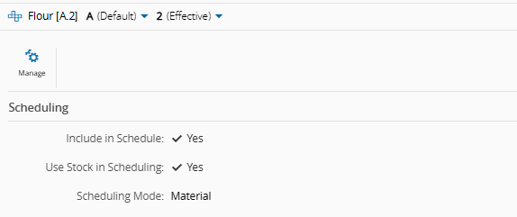 Screenshot showing the Product Scheduling Properties page for a BOM product, with Scheduling enabled and Mode set to Material.