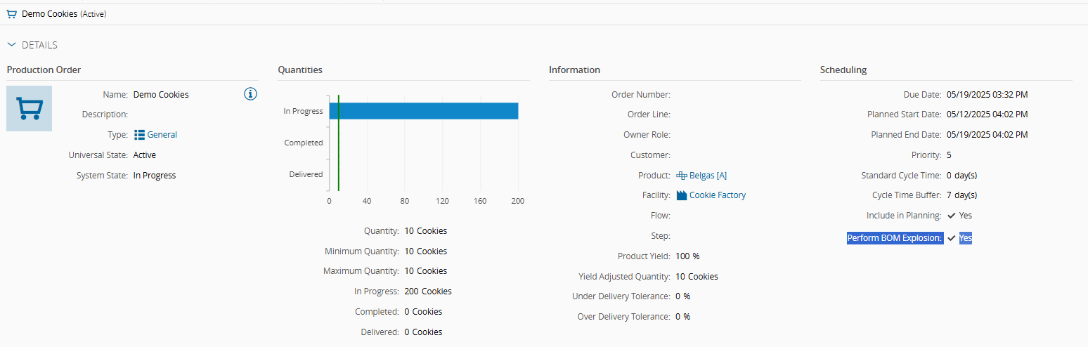 Screenshot showing the Production Order Properties with enabled Perform BOM Explosion property.