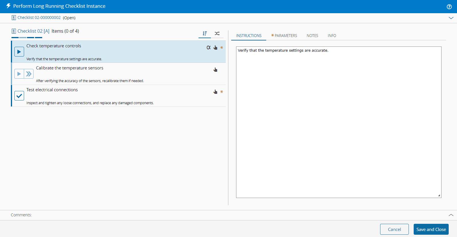 Screenshot showing a checklist with multiple selectable items, where some can be executed out of order while still appearing in the overall sequential flow.