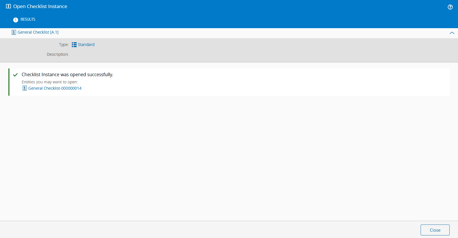Open Checklist Instance Success Message