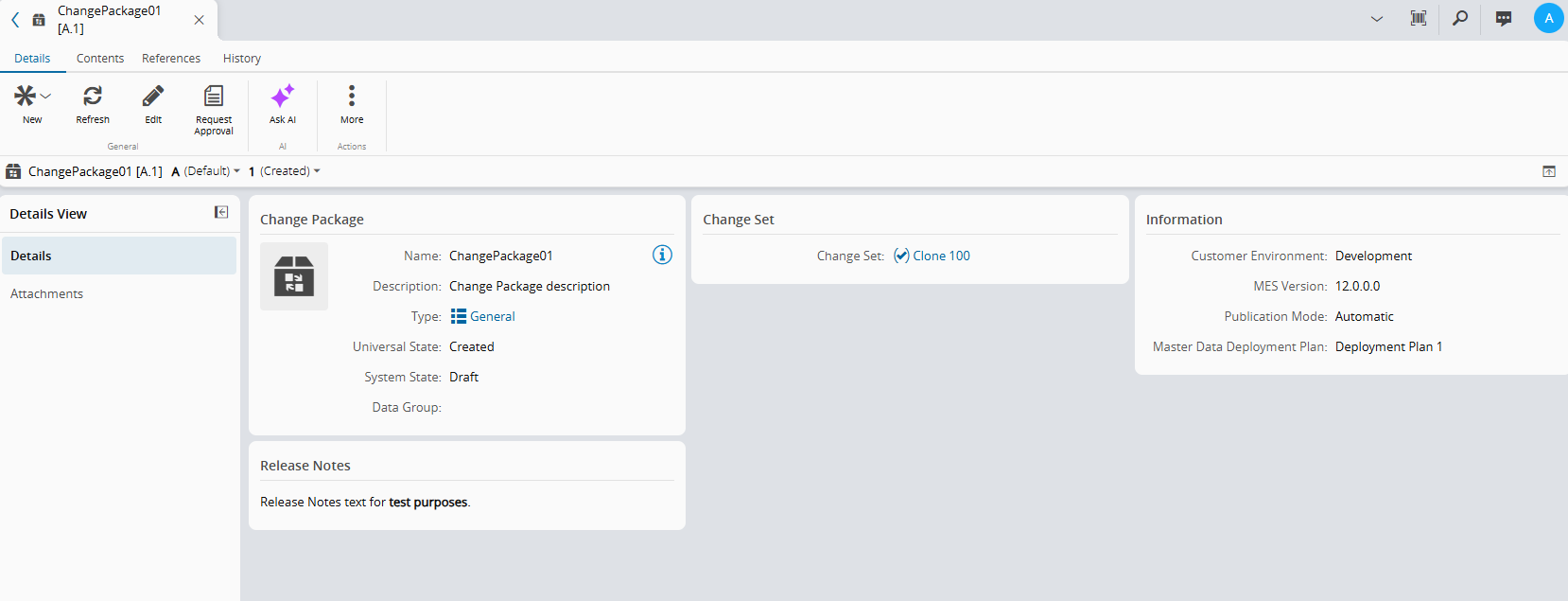 Screenshot showing the main view of the Change Package page
